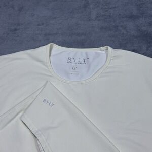 BYLT Shirt Mens Large Drop Cut Performance Stretch Cream Short Sleeve Active
